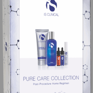 A box labeled "Pure Care Collection - Post Procedure Home Regimen" displays five skincare items—tubes, bottles, and droppers—on a white background with a gray side panel featuring molecular structures.